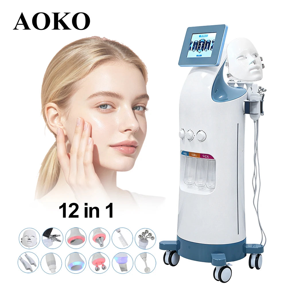 AOKO Nueva Máquina de Belleza 12 en 1 para Hidrodermoabrasión, Peeling Acuático, Ultrasonido Facial, Inyección de Oxígeno, Rejuvenecimiento de la Piel y Blanqueamiento
