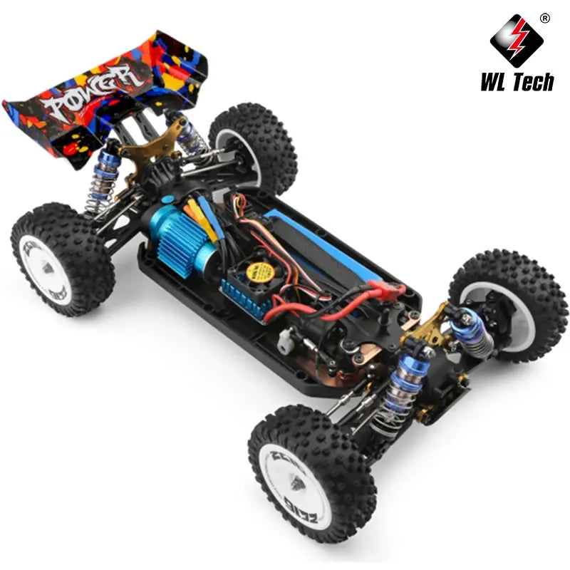 Coche RC 1:12 4WD multicolor con chasis abierto y motor/parte electrónica visible