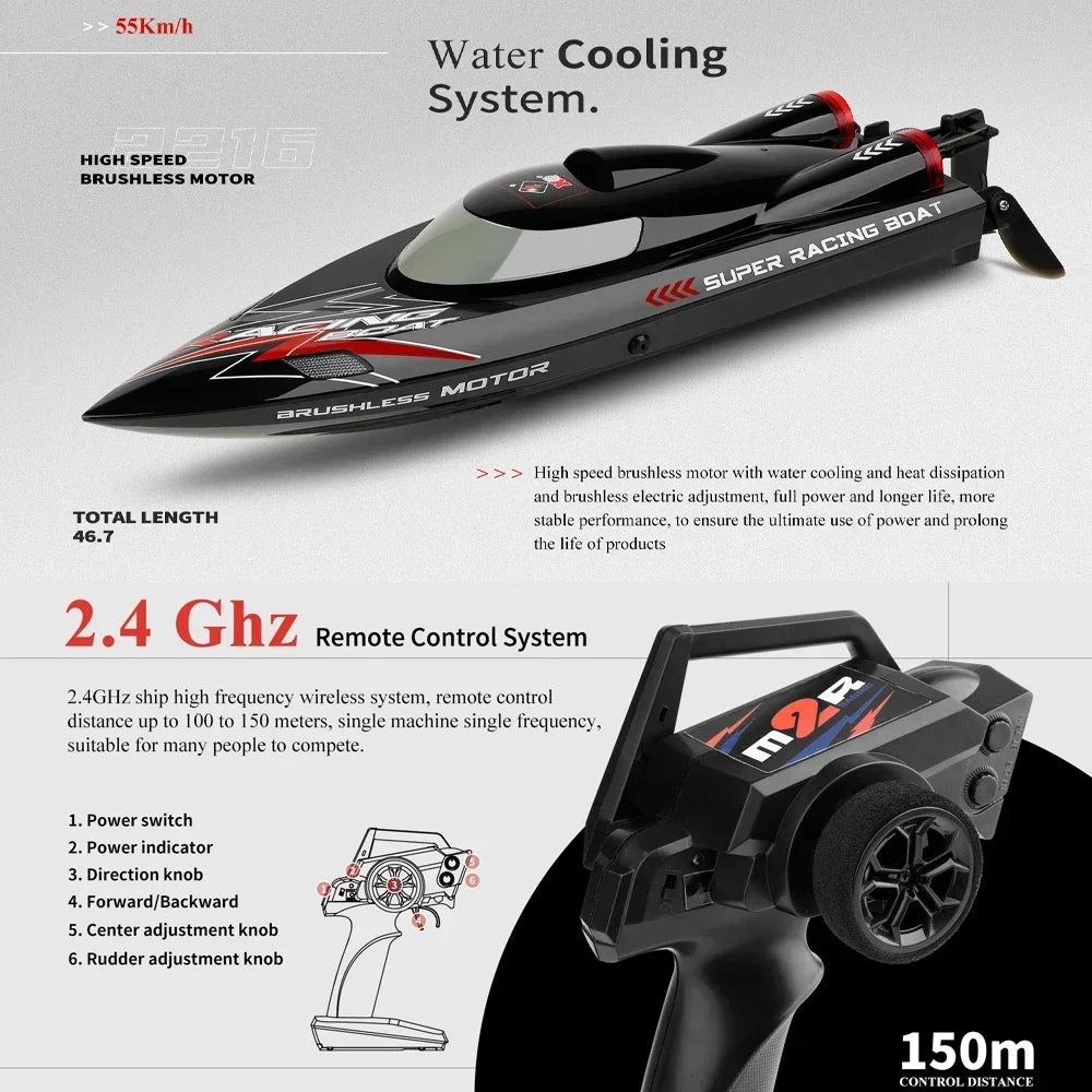 Lancha RC de alta velocidad WLtoys WL916, 2.4G, 55 KM/H, barco de carreras con motor sin escobillas, lancha rápida a control remoto, juguete para adultos con 2 baterías, modelo autoenderezable