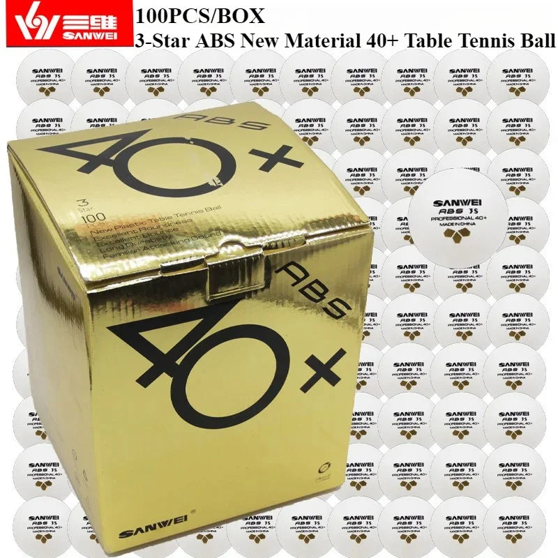 100 Uds SANWEI pelotas de tenis de mesa de 3 estrellas ABS nuevos materiales 40 + costura de etiqueta dorada pelotas de Ping Pong de alto rebote y duraderas para entrenamiento