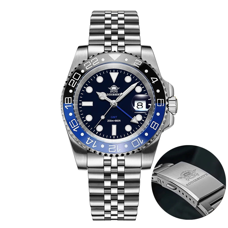 ADDIESDIVE AD2050 Reloj GMT para hombre, cuarzo suizo Ronda 515-24, luminiscencia BGW9, resistente al agua 200m, acero inoxidable 316L
