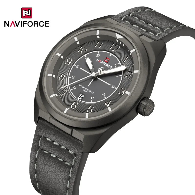 Reloj de pulsera NAVIFORCE para hombre, de cuarzo, elegante, con fecha automática, resistente al agua, de cuero genuino, para negocios, diseño único.