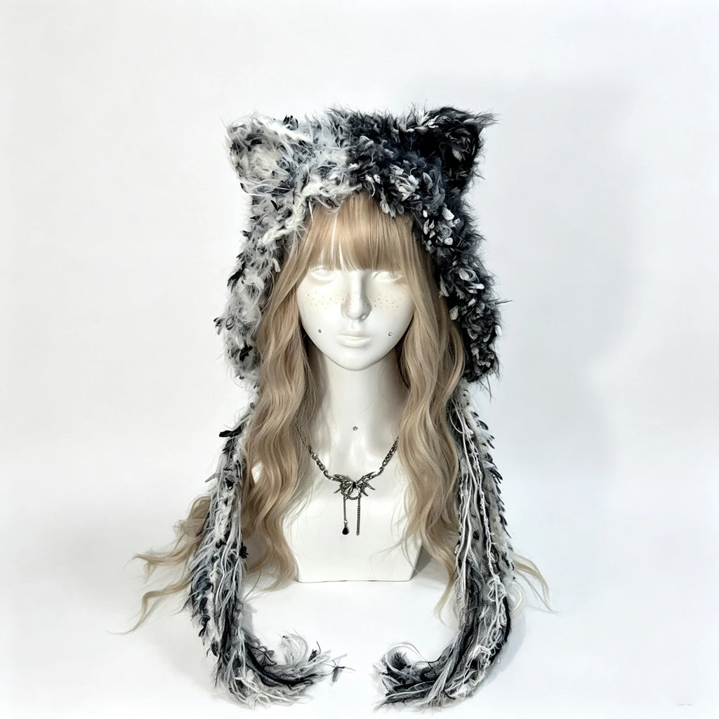 Gorro de invierno cálido, tejido a mano, personalizado, de ganchillo, negro y gris, con orejas de gato, peludo, estilo gótico, kawaii, lolita, cosplay, para hombre y mujer.