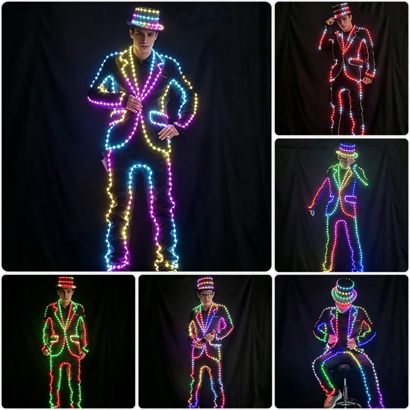 Traje Luminoso LED a Todo Color para Hombre, Traje de Actuación para Baile en Escenario, Disfraz de Discoteca con Control DIY para Cambiar de Color