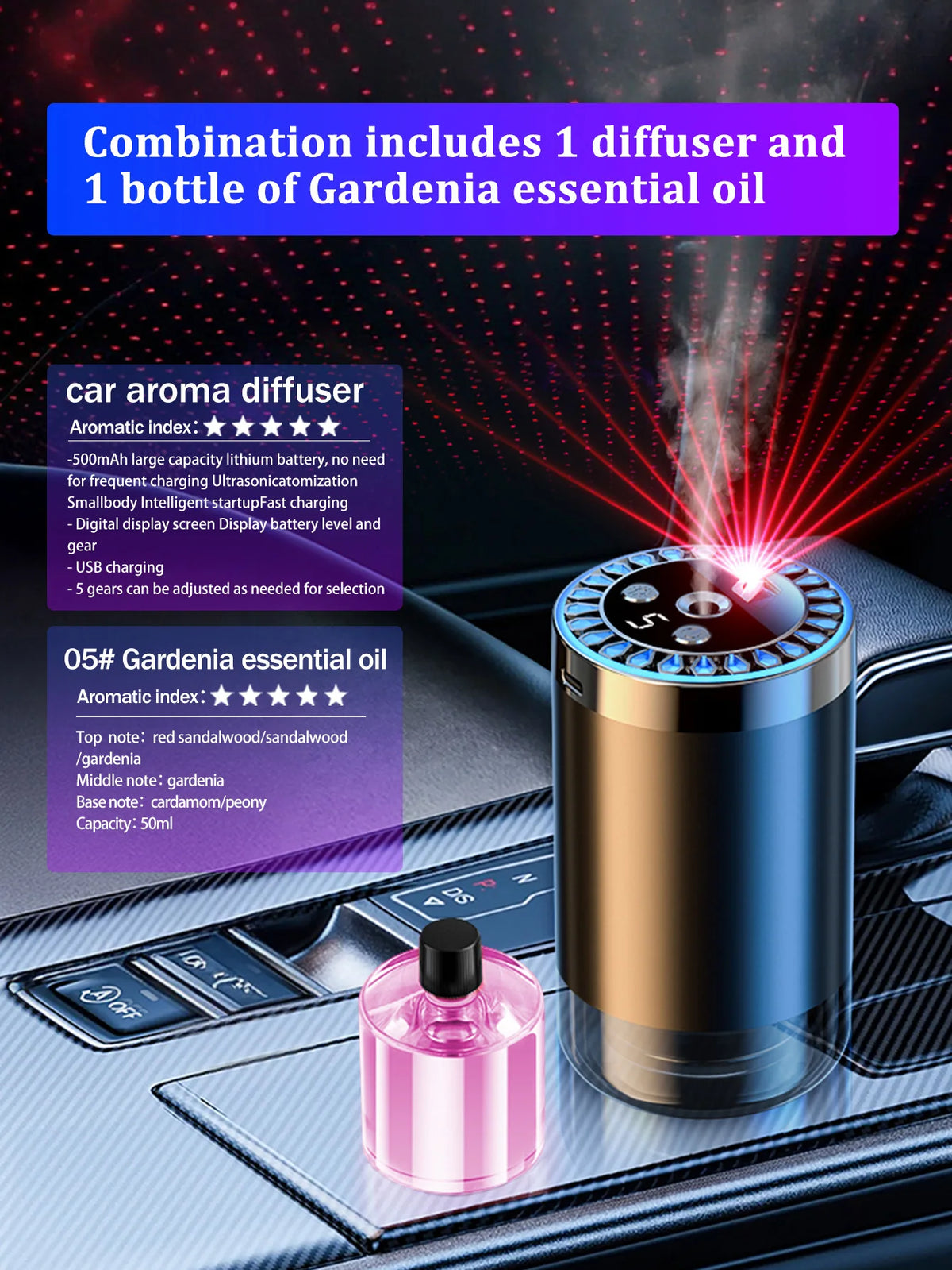 Difusor de aroma de coche recargable, aceite esencial aromático, luces coloridas, luces románticas de cielo estrellado, regalo de dormitorio