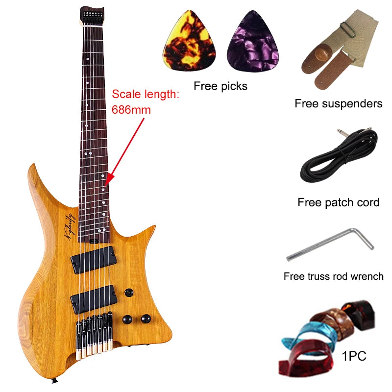 Guitarra eléctrica sin cabeza de 7 cuerdas, diseño de traste de 30 pulgadas, cuerpo de fresno sólido, escala 686, Mini guitarra mate Natural de alta calidad