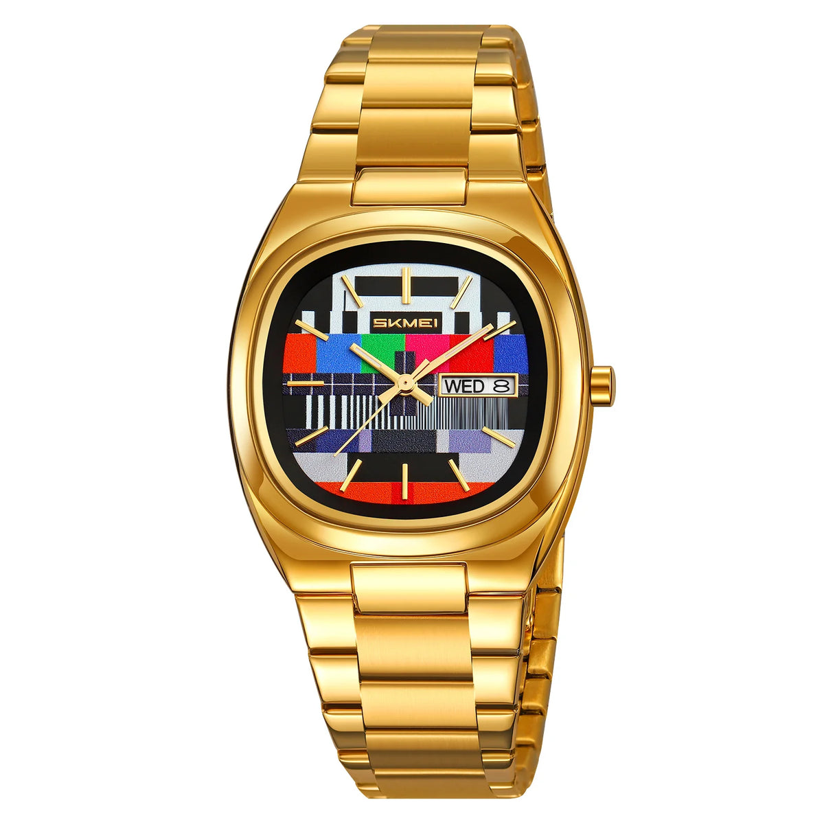 Reloj SKMEI retro para hombre, sencillo, dorado, caja ovalada, esfera con patrón de prueba de TV, correa de acero inoxidable, hora, semana, fecha, resistente al agua 30M, 9375