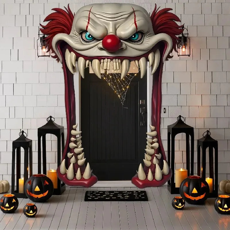Cortina de puerta de payaso espeluznante de Halloween con boca grande abierta, decoración de terror para puerta principal de casa embrujada, fiesta de Halloween