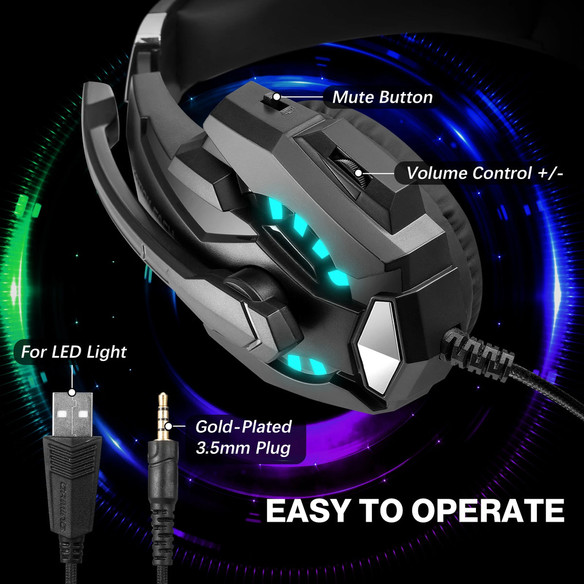 Auriculares gaming con cable G9000 Pro, micrófono con cancelación de ruido, luz LED y sonido estéreo para PS4, PC, Xbox One, Switch y mando de PS5