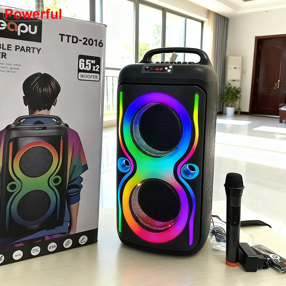 Altavoz Bluetooth con caja de fiesta doble de 40W y 6,5 pulgadas, diseño de correa para el hombro con 1 micrófono, subwoofer HIFI portátil para Karaoke al aire libre