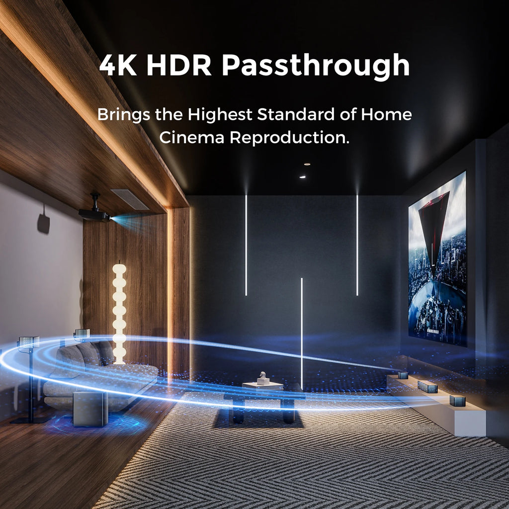 Barra de sonido negra con subwoofer y altavoces surround cableados para cine en casa