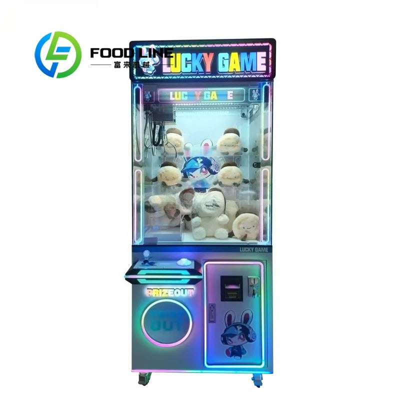 Máquina de garra transparente con luces LED neón y peluches en el interior