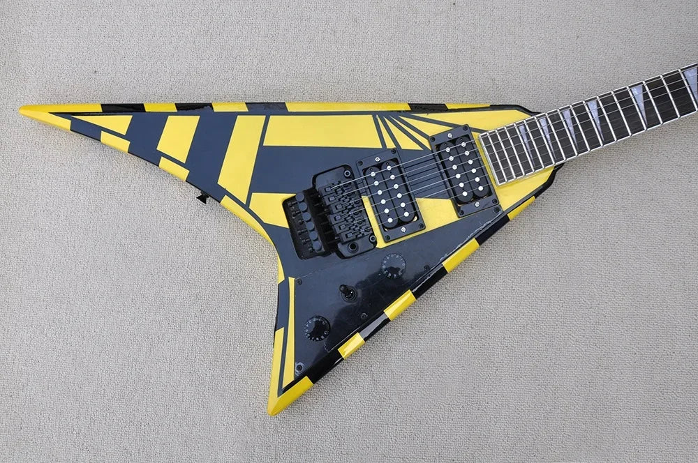 Guitarra Eléctrica Negra y Amarilla en Forma de V, Precio Especial, Hecha a Medida