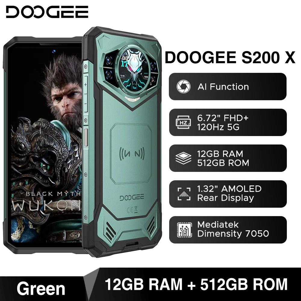 Teléfono rugerizado DOOGEE S200 5G 48GB 512GB Dimensity 7050 6,72” FHD+ 120Hz 10100mAh Cámara de 100MP Smartphone Android 16 con NFC
