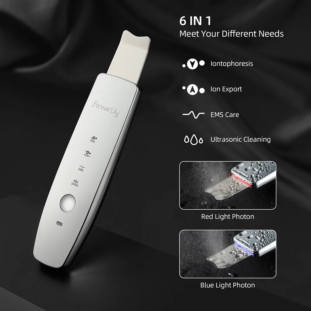 Depurador de piel ultrasónico EMS 6 en 1, masajeador de estiramiento de la piel con fotones LED de iones, espátula Facial, eliminador de espinillas, limpieza Facial profunda