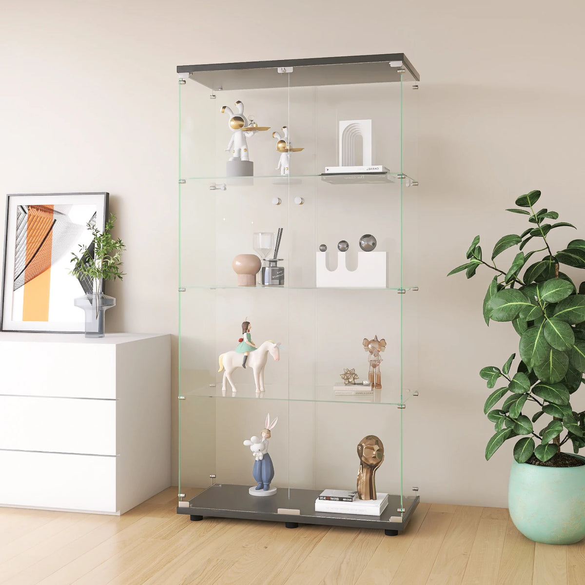 Vitrina de cristal templado de 4 niveles con cerradura Fangange, expositor de suelo de doble puerta, vitrina para coleccionables con luz LED opcional para sala de estar y oficina, negro / blanco