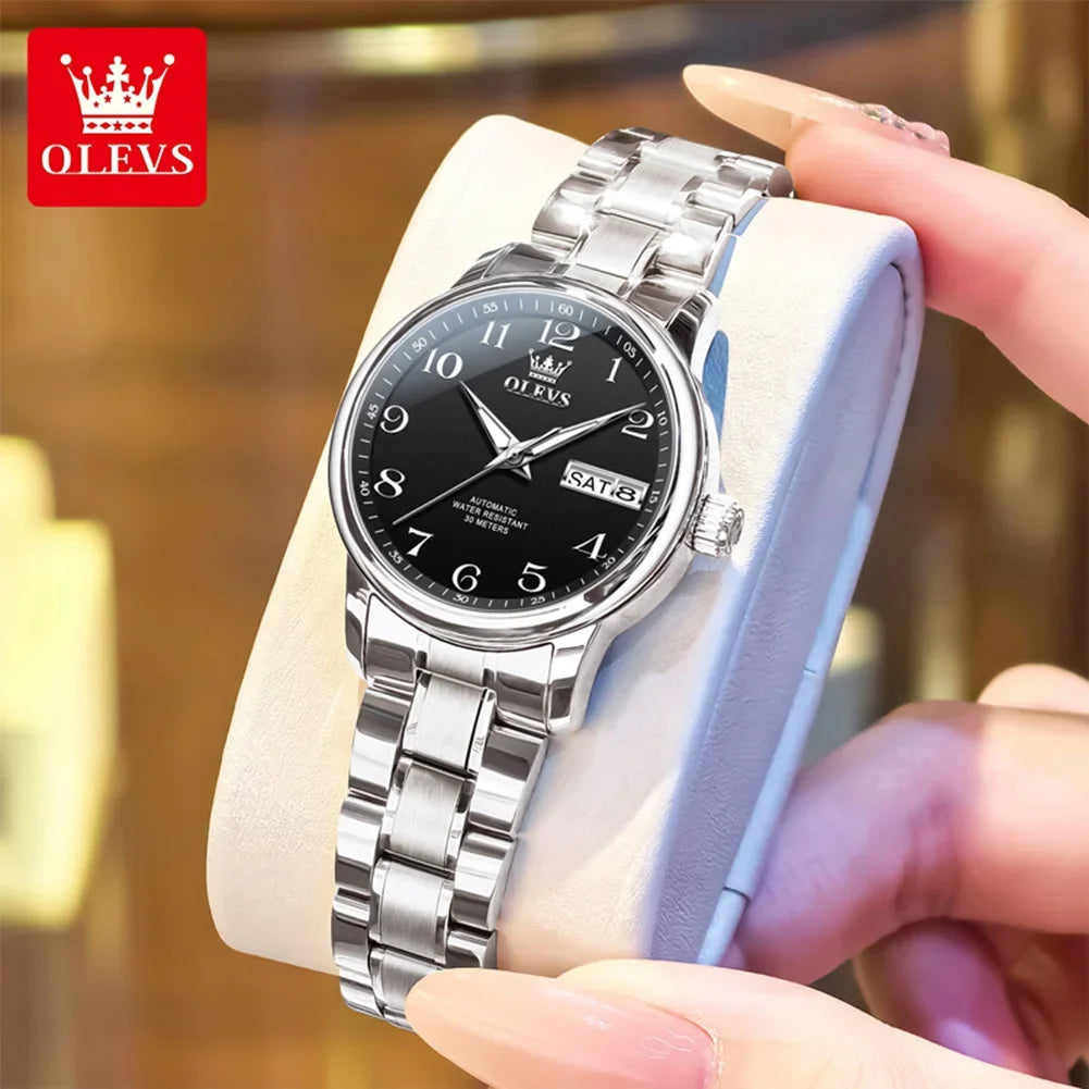 Reloj mecánico sencillo OLEVS 7072 para mujer, con fecha automática, números, marca de prestigio, resistente al agua y movimiento automático.