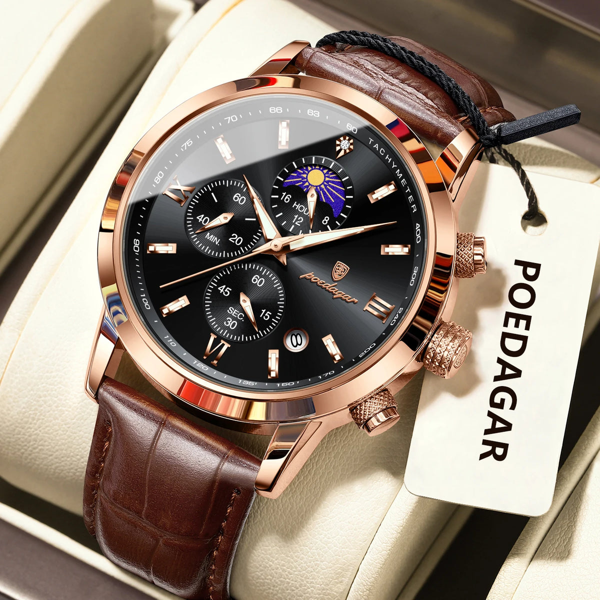 Reloj de pulsera original para hombre POEDAGAR, cronógrafo, con fecha, luminoso, resistente al agua, reloj de lujo de cuarzo con correa de piel para hombre