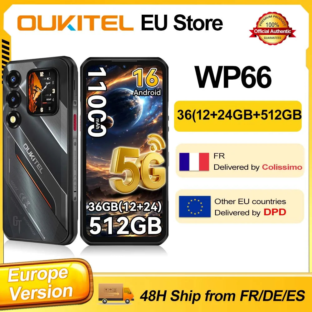 Teléfono inteligente resistente ultrafino Oukitel WP66, 36 GB (12+24) de RAM + 512 GB de ROM, chipset Dimensity 7000 5G, pantalla FHD+ de 6,6 pulgadas y 120 Hz