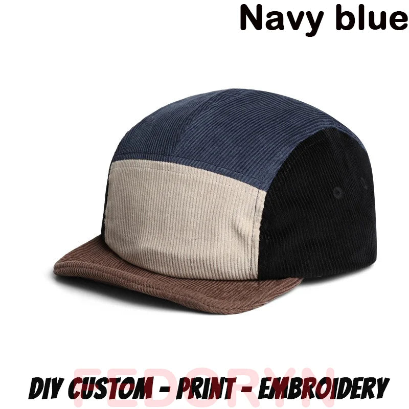 Gorra de béisbol Fedoryn de pana retro con ala corta, bordado personalizado, parche multicolor, 5 paneles, para hombres y mujeres, gorra con logotipo personalizable