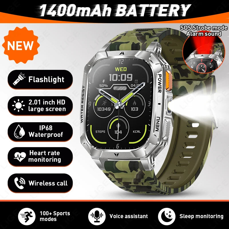 Reloj inteligente militar LIGE de 1400 mAh con batería de larga duración, pantalla HD de 2.01", linterna LED y luz SOS, llamadas BT y monitor de salud para hombre
