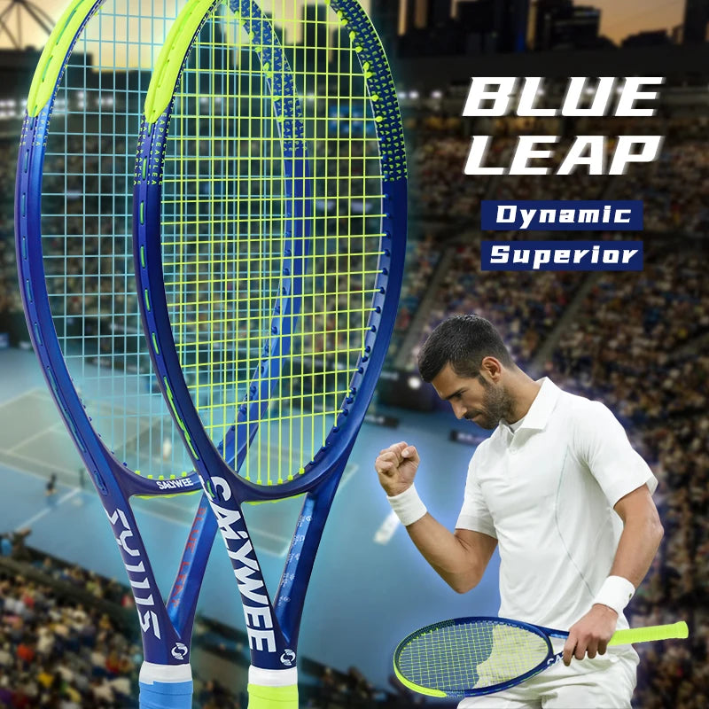 Raqueta de Tenis Blue-Leap de Fibra de Carbono, 345±10g Encordada, 60-65lbs, Absorción de Impactos, Apta para Atletas Profesionales de Alto Rendimiento
