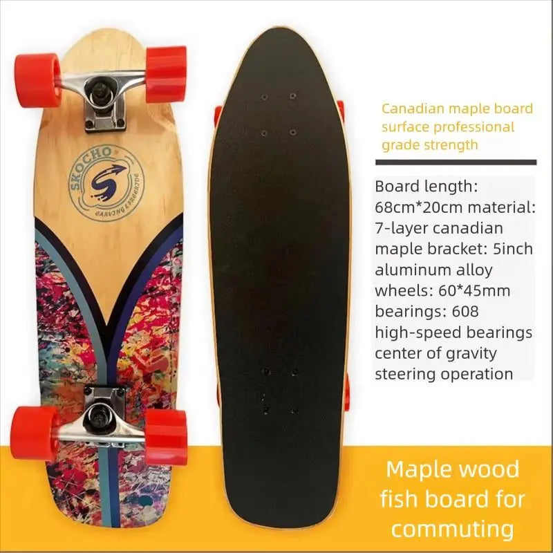 MapleWoodLand Surf Skate Big Fish Board Surfskate Single Kick Skateboard con Ruedas Grandes para Principiantes, Uso Diario y Cruising Urbano