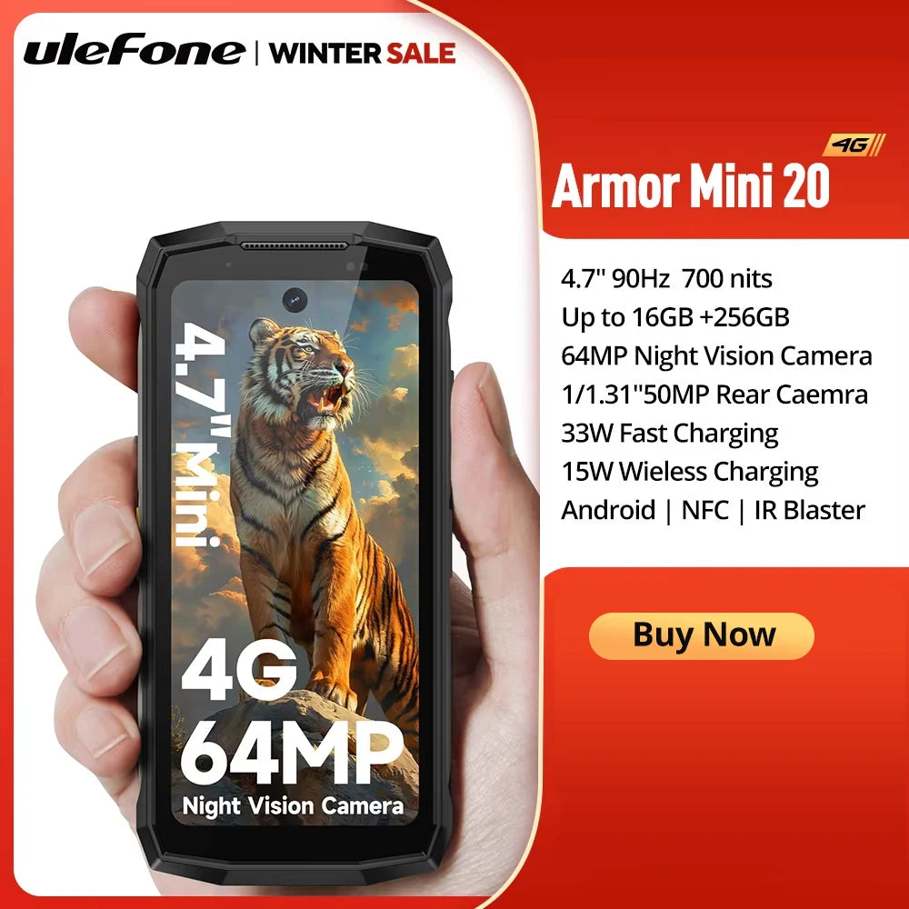 Teléfono resistente Ulefone Armor Mini 20 4G de 4.7", cámara nocturna de 64 MP, smartphone Android 14, batería de 6200 mAh, NFC, 16 GB+256 GB, 33 W, G99