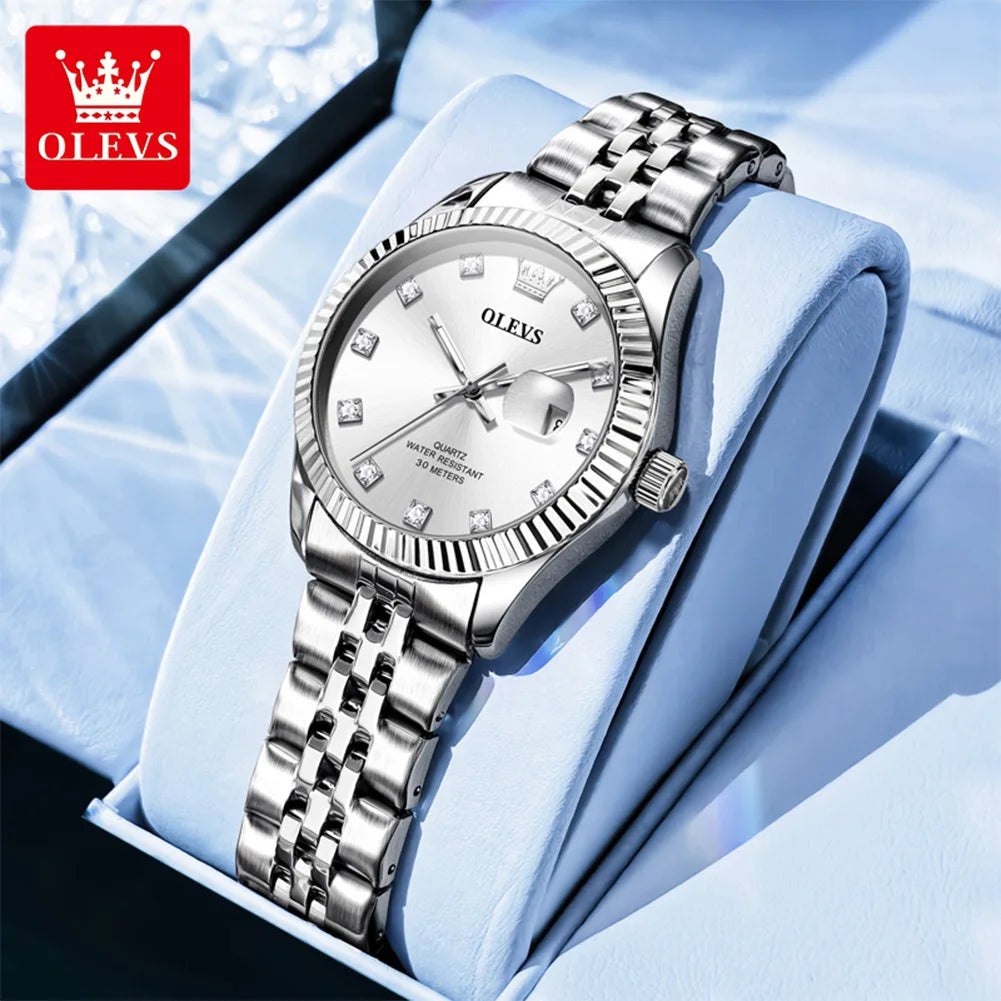 Reloj de mujer OLEVS tendencia moda plata acero inoxidable marca original reloj de pulsera gran fecha textura bisel roscado impermeable