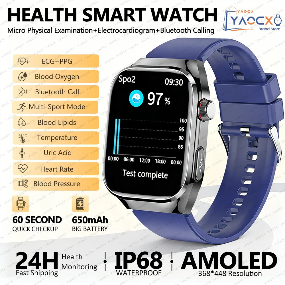 Reloj inteligente para hombre 2026, nuevo modelo con medición de ácido úrico y lípidos en sangre, ECG+PPG, presión arterial, frecuencia cardíaca, llamadas Bluetooth, reloj inteligente de salud