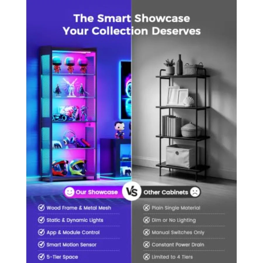 Vitrina inteligente con estantes de vidrio y luces LED RGB en un gabinete alto.