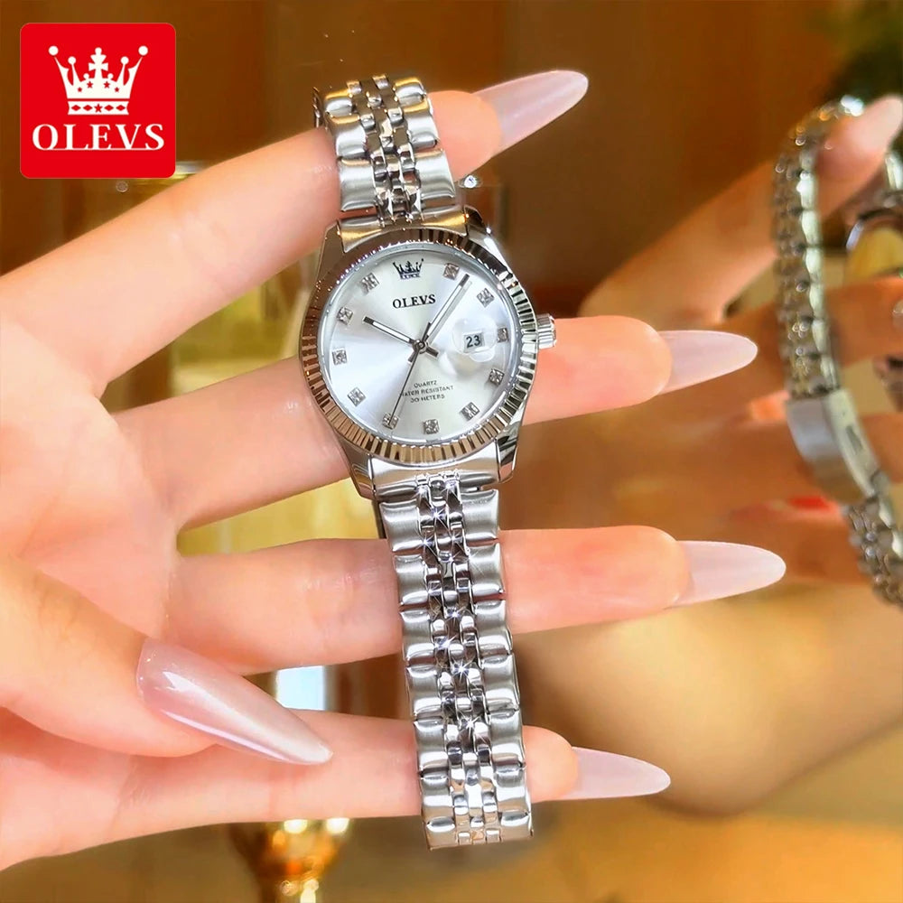OLEVS Women's Watches Trend Fashion Silver Stainless Steel Original Brand Wristwatch Big Date Texture Threaded Bezel Waterproof