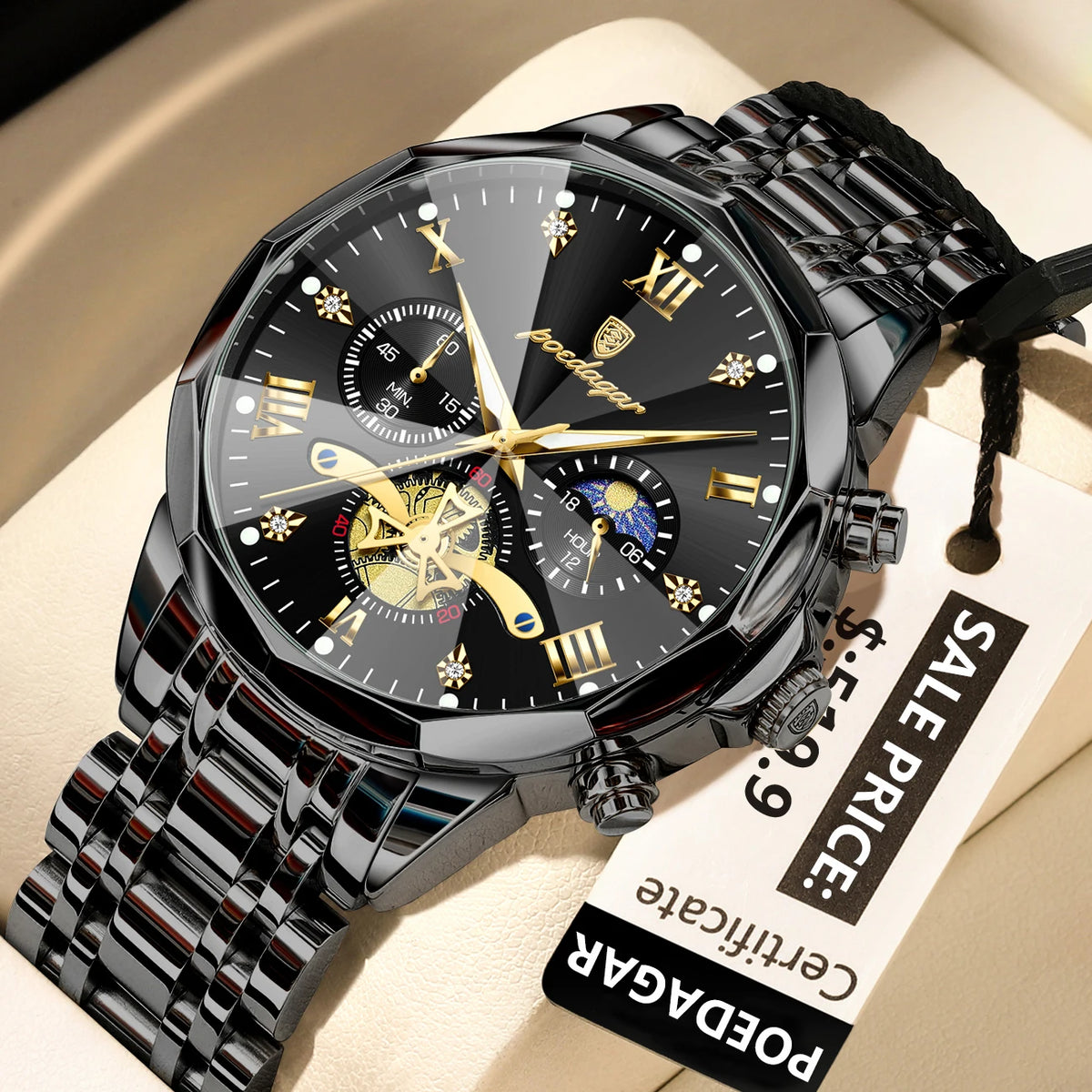 POEDAGAR Reloj de Lujo para Hombre, Reloj de Pulsera Cronógrafo Luminoso Impermeable Original Superior, de Acero Inoxidable, Relojes de Cuarzo para Hombre, Reloj