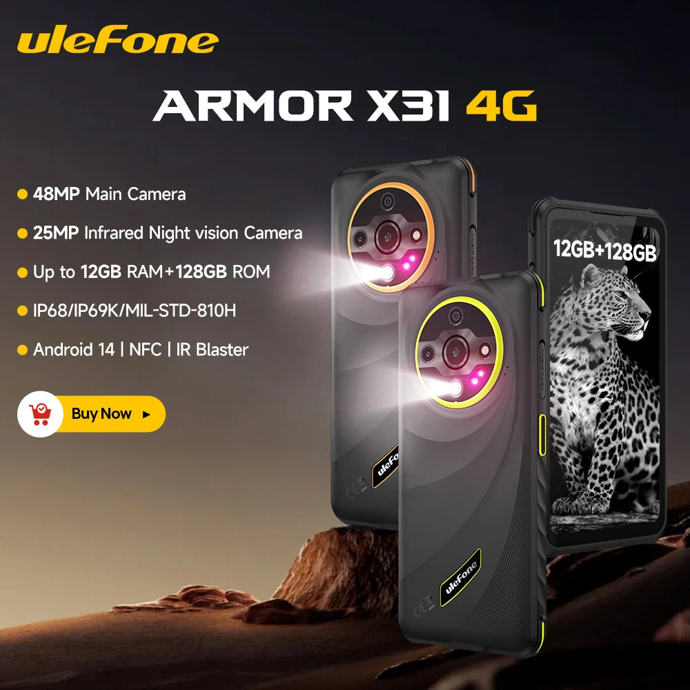 Teléfono robusto Ulefone Armor X31, 6.56'', 12 GB RAM + 128 GB ROM, cámara nocturna de 48 MP, Android 14, NFC, emisor de infrarrojos, smartphone 4G, versión global