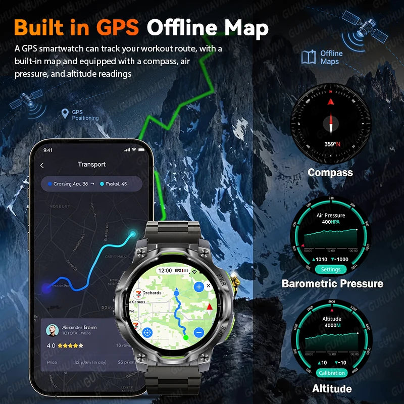 Reloj inteligente de navegación con mapa GPS 2026, batería de 1200 mAh, brújula, ChatGPT integrado, monitoreo de salud, resistente al agua, banda deportiva militar