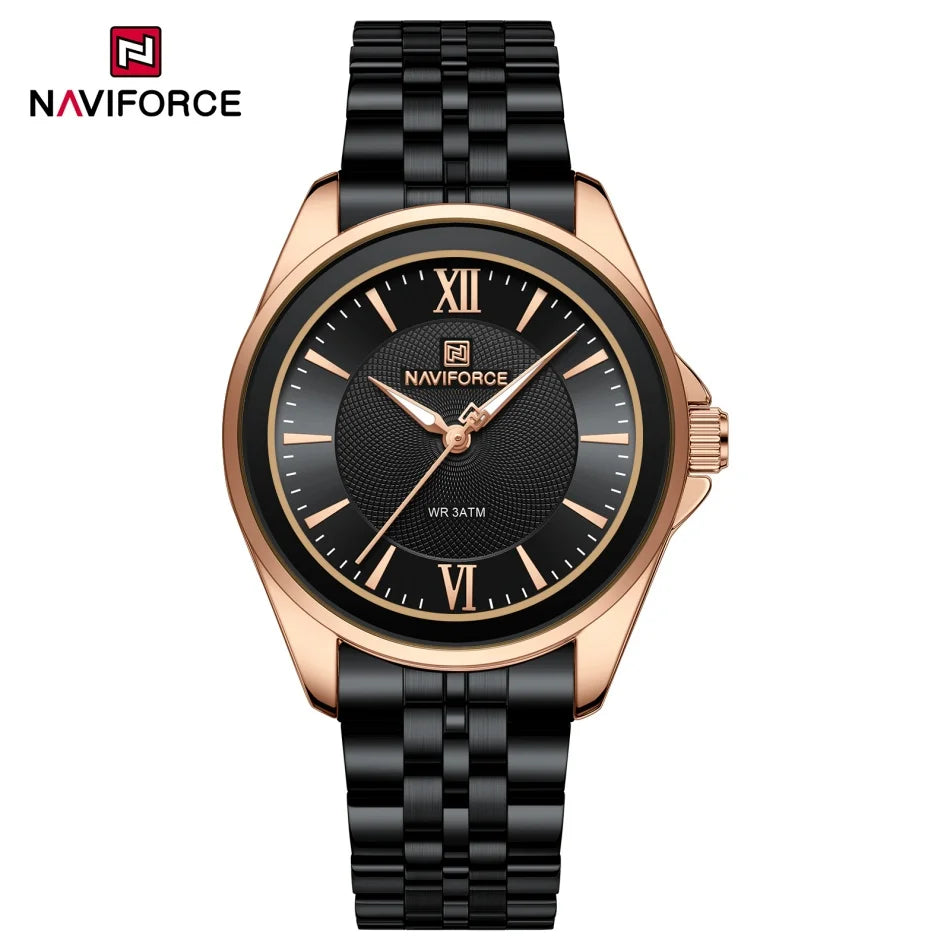 Reloj NAVIFORCE para mujer, creativo, con correa de acero inoxidable, a la moda, elegante, de cuarzo, resistente al agua 30m, reloj de pulsera femenino