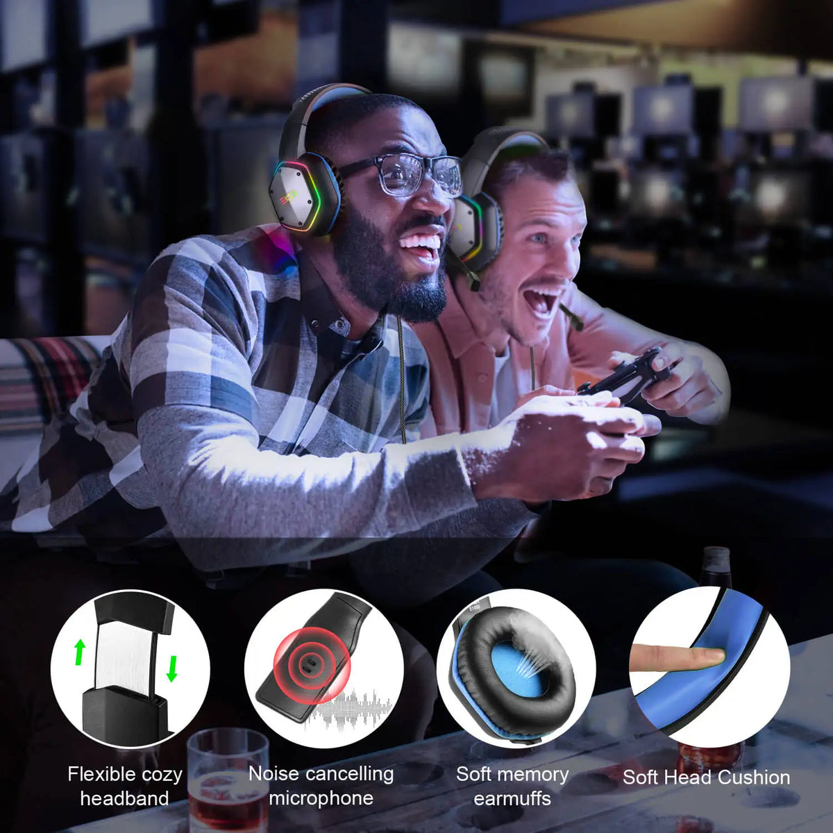 Auriculares gaming con diadema acolchada y luces RGB en las copas, micrófono