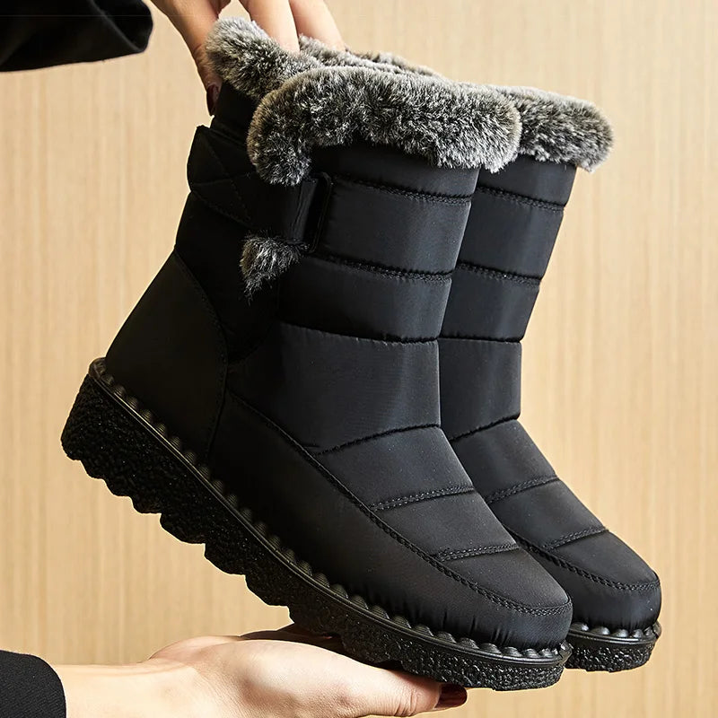 Botas de Mujer tendencia 2025, zapatos de invierno para Mujer, Botas de invierno, Botas de tacón bajo hasta el tobillo, Botas de nieve impermeables con zapatos de piel