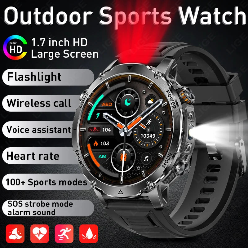 Reloj inteligente militar LIGE para hombre, batería ultraduradera de 1100 mAh, resistente al agua 10ATM, frecuencia cardíaca, linterna, pulsera deportiva, reloj inteligente para hombre y mujer