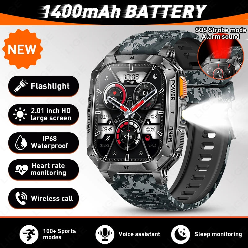 Reloj inteligente militar LIGE de 1400 mAh con batería de larga duración, pantalla HD de 2.01", linterna LED y luz SOS, llamadas BT y monitor de salud para hombre