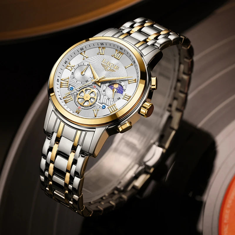 LIGE Nuevo reloj de pulsera de cuarzo impermeable para mujer, reloj de pulsera deportivo para exteriores de moda, reloj femenino de lujo con fase lunar, fecha y cronógrafo