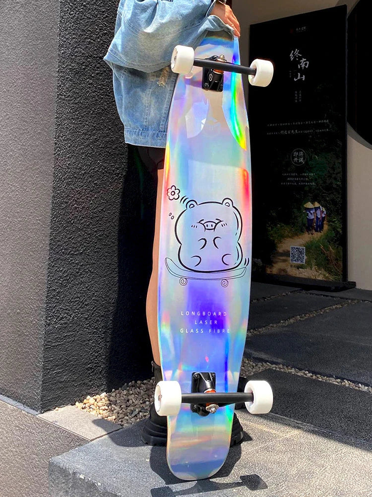 Longboard con Patrón Láser, Tabla de Skate Profesional de Fibra de Vidrio, Ligera, Delgada y Flexible, Tabla de Baile Freestyle para Principiantes