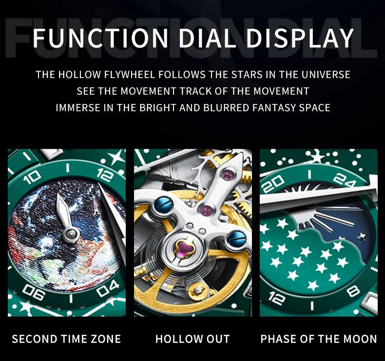 Reloj automático OLEVS con esfera esqueleto de volante para hombre, reloj de pulsera mecánico de negocios, impermeable, con diseño de cielo estrellado y luminiscente