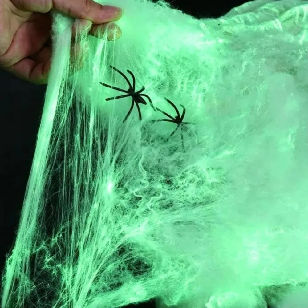 Decoración de Halloween con telarañas que brillan en la oscuridad, telarañas de algodón elásticas con arañas de imitación, decoración reutilizable para crear un ambiente de fiesta en una casa encantada.