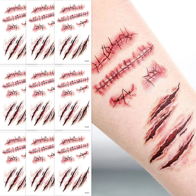 32 Uds. Tatuajes temporales de cicatriz falsa 3D de Halloween-diseños de heridas sangrientas y zombis para cara/cuerpo, fiesta de disfraces, broma y Cosplay