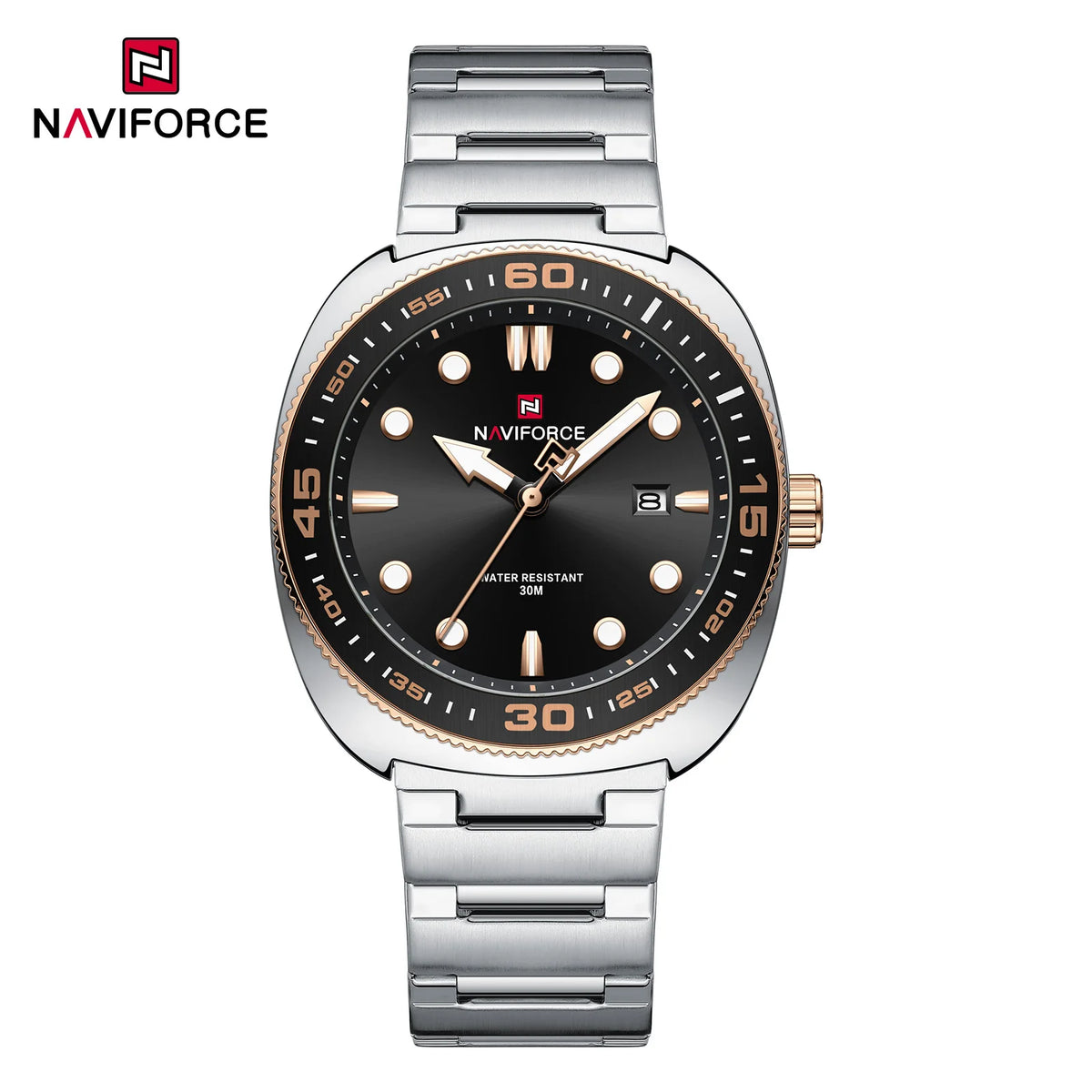 Reloj para hombre NAVIFORCE de lujo, estilo ejecutivo, con fechador, manecillas luminosas, correa de acero inoxidable, movimiento de cuarzo, reloj de marca a la moda