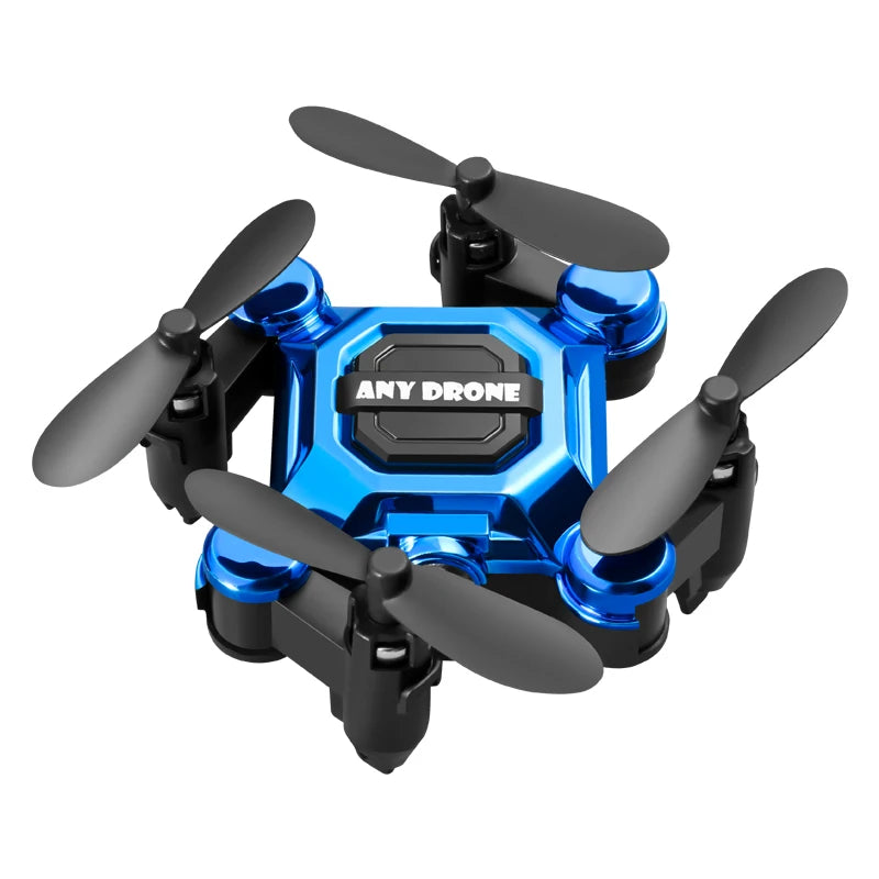 Dron mini plegable azul con cámara, vista frontal de las hélices
