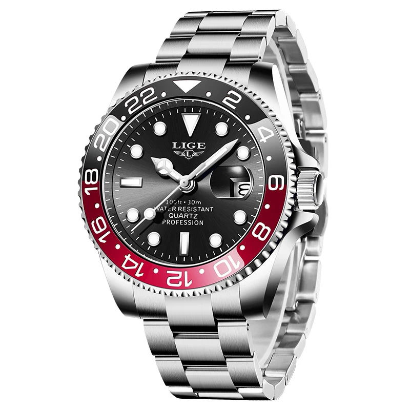 LIGE Reloj de cuarzo de lujo para hombre, marca de moda, de negocios, luminoso, impermeable, de acero, reloj deportivo, regalo para hombre