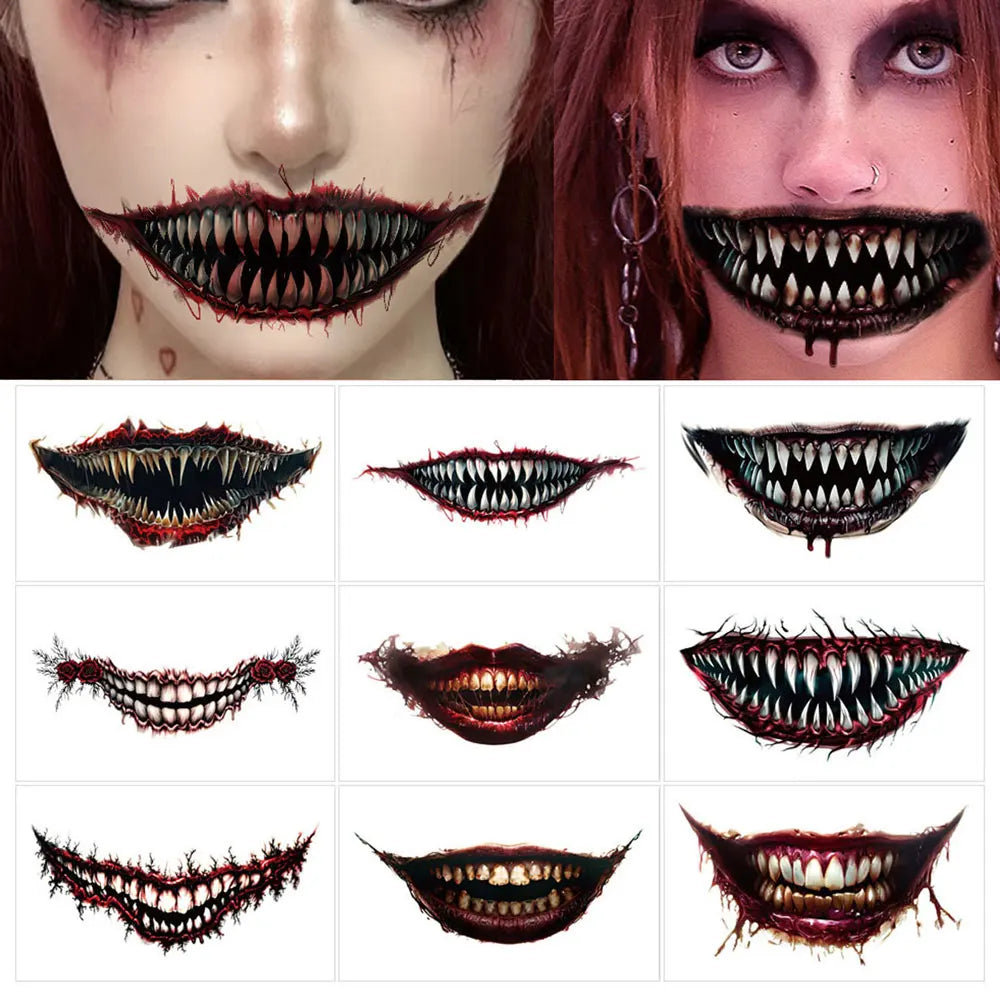 9 hojas de tatuajes temporales aterradores de boca grande, pegatinas de tatuaje facial de Halloween impermeables realistas de payaso vampiro zombi