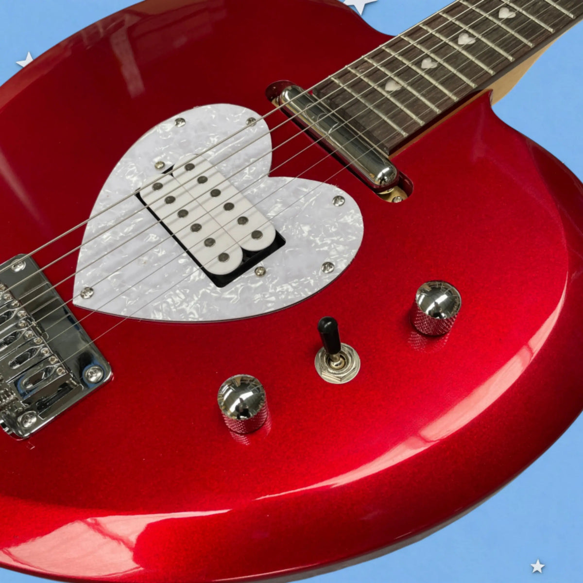 Guitarra eléctrica de 6 cuerdas con forma de corazón, acabado metálico rojo brillante, incrustaciones con forma de corazón para guitarras con diapasón de palisandro, con pastilla H.